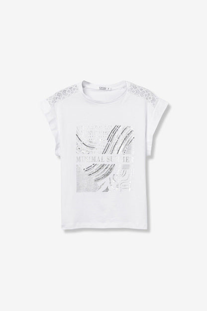 T-Shirt Horsea donna bianca manica corta con dettaglio pizzo sulle spalle e scritta stampata – Frarò Shop