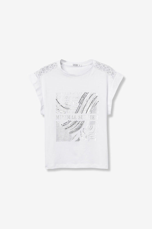 T-Shirt Horsea donna bianca manica corta con dettaglio pizzo sulle spalle e scritta stampata – Frarò Shop