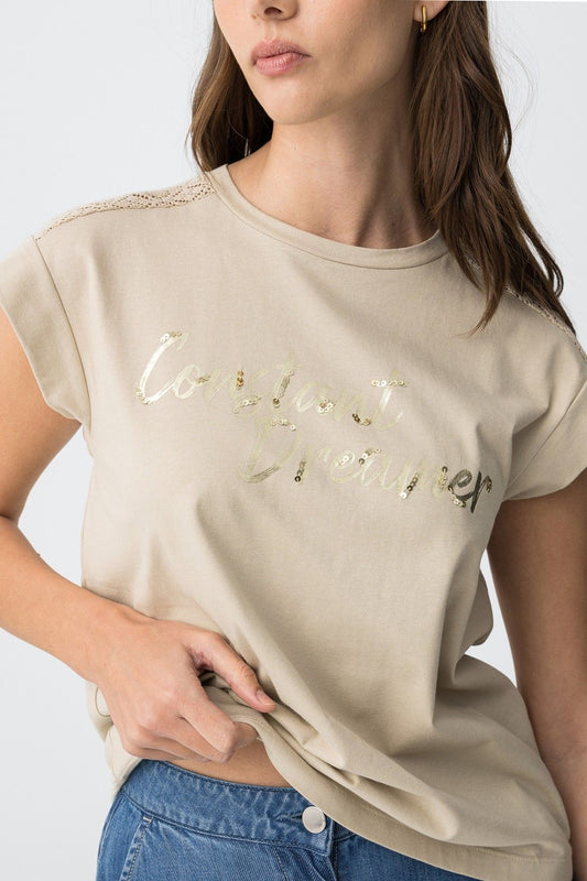 T-Shirt Horsea donna beige manica corta  dettaglio scritta stampata – Frarò Shop