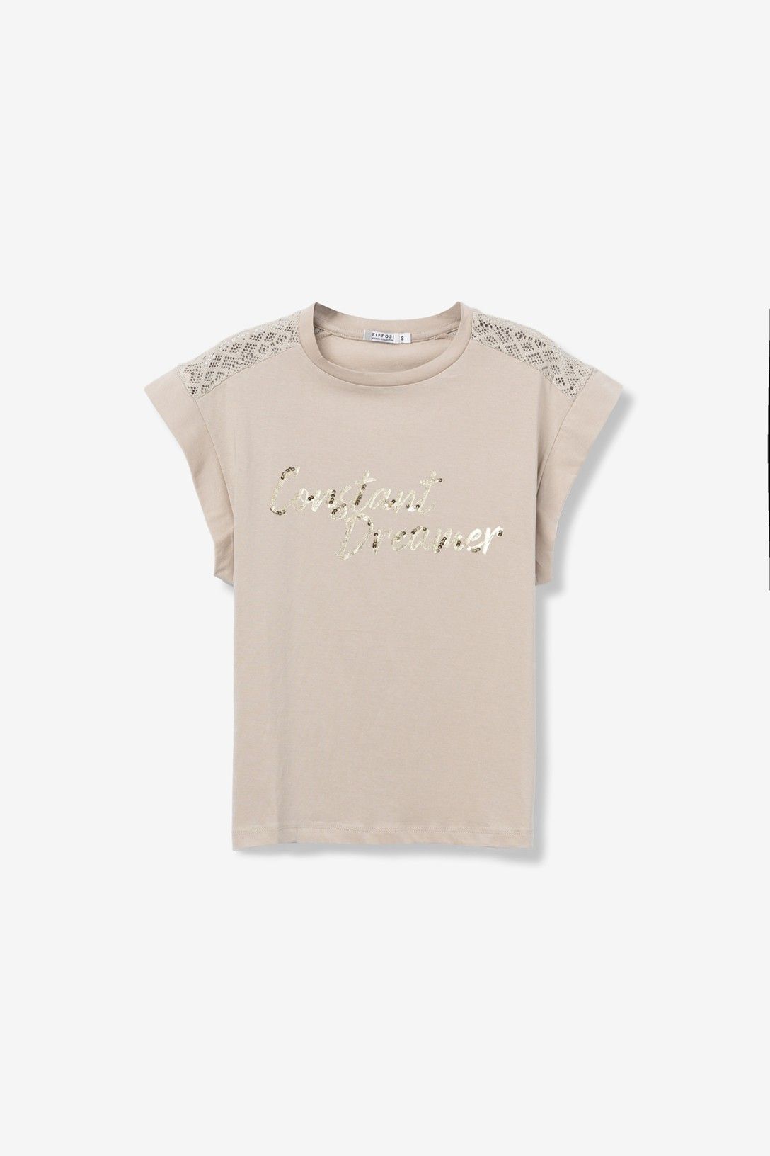 T-Shirt Horsea donna beige manica corta con dettaglio pizzo sulle spalle e scritta stampata – Frarò Shop