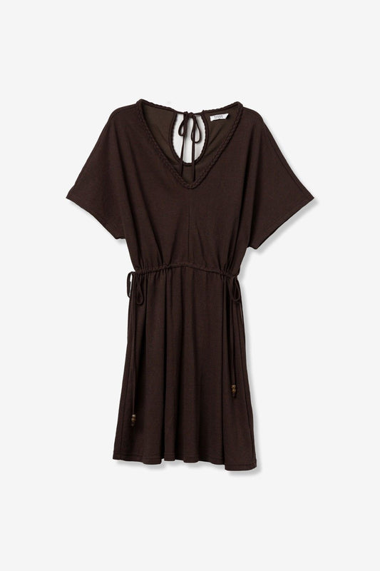 Abito Janelle donna estivo colore cioccolato manica corta con scollo a V e cordino, elastico in vita – Frarò Shop