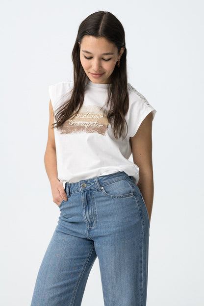 T-shirt donna Jellicent bianca – vista frontale con lacci sulle spalle e stampa frontale neutra, 100% cotone Tiffosi
