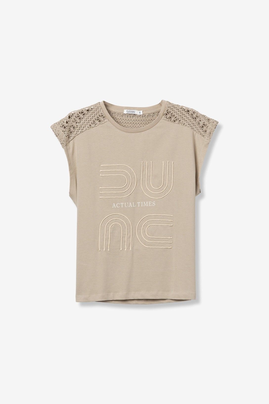 T-shirt donna Jellicent beige – sù sfondo neutro, lacci spalle e stampa frontale, 100% cotone Tiffosi