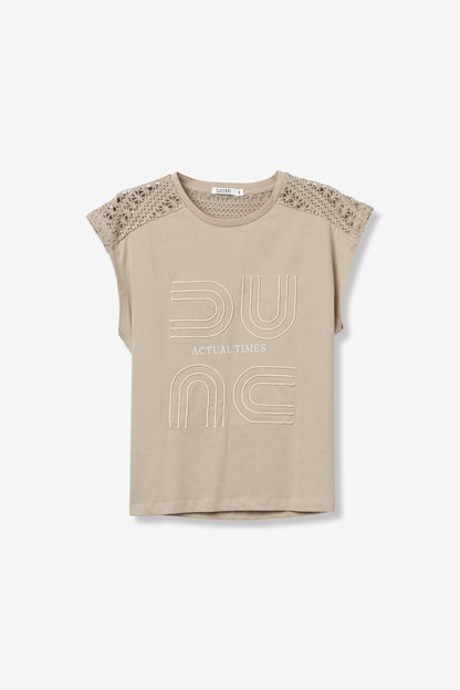 T-shirt donna Jellicent beige – sù sfondo neutro, lacci spalle e stampa frontale, 100% cotone Tiffosi