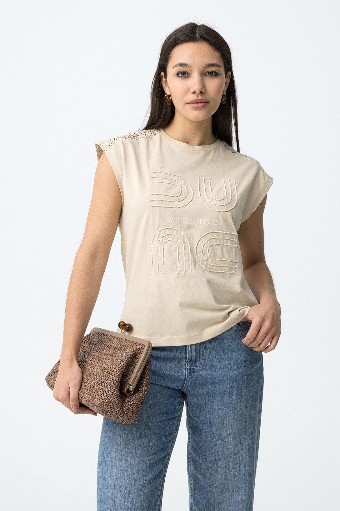 T-shirt donna Jellicent beige – vista frontale con lacci sulle spalle e stampa in tonalità neutre, 100% cotone Tiffosi
