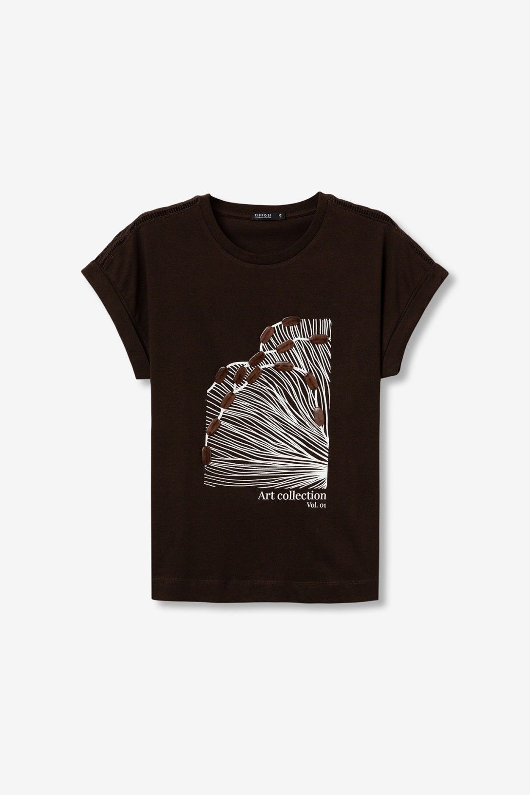 T-shirt donna Jermaine cioccolato – vista e-commerce, stampa grafica bianca, taglie XS–L Tiffosi
