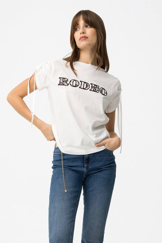 T-Shirt donna cotone Judi  girocollo con laccetti - maglia mezza manica ricamo Tiffosi
