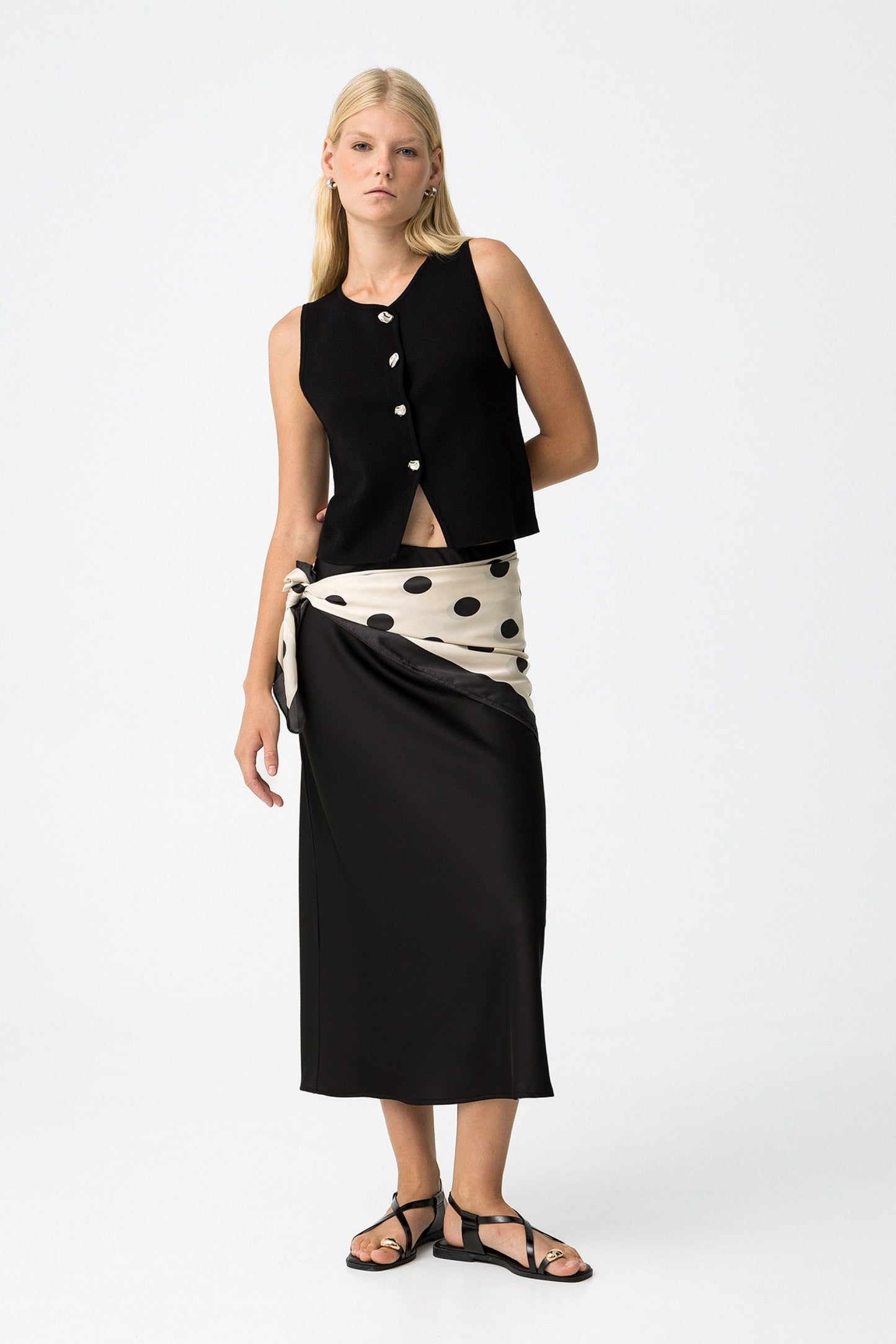 Gonna midi Donna Kansas_2b Tiffosi colore nero, tessuto fluido ed elastico in vita