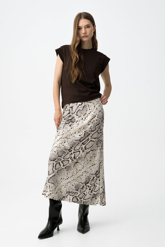 Donna indossa gonna midi animalier donna Kansas_3 animalier beige - look completo con tessuto fluido
