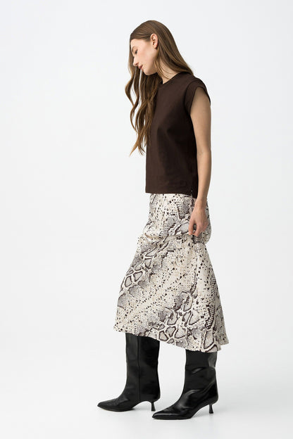 Gonna midi animalier donna Kansas_3 - vista laterale con elastico in vita e tessuto fluido beige
