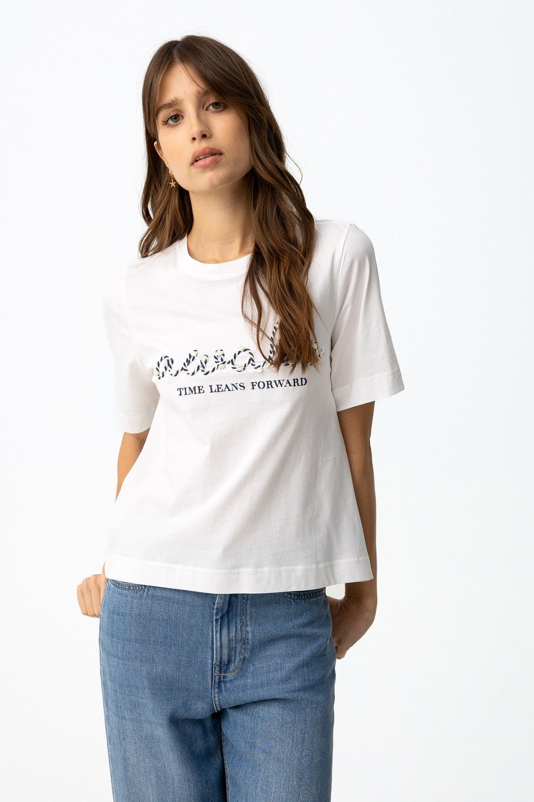 T-Shirt Donna Kaya bianca ricamata mezza manica girocollo - vista frontale