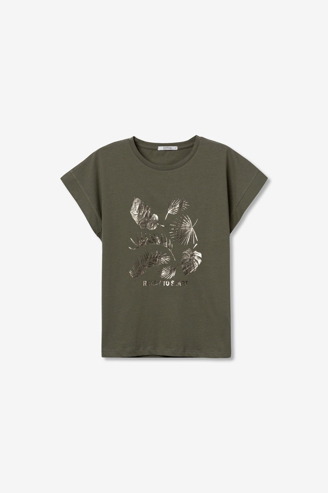 T-Shirt donna Kika verde militare - stampa foglie argentate dettaglio frontale cotone 100%
