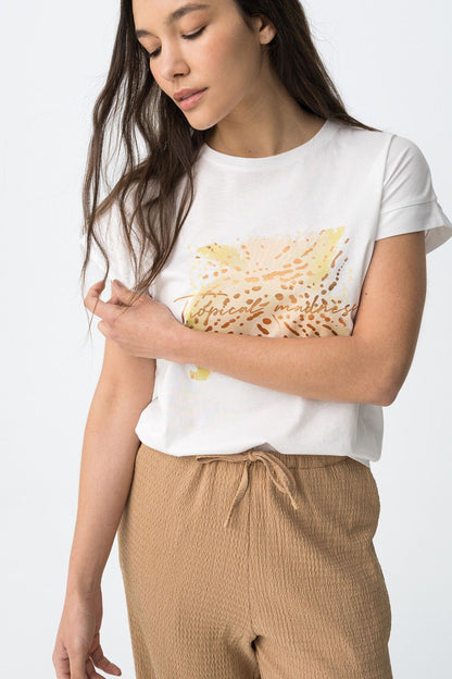 T-Shirt donna Kika cotone bianca star white - dettaglio stampa in giallo e manica