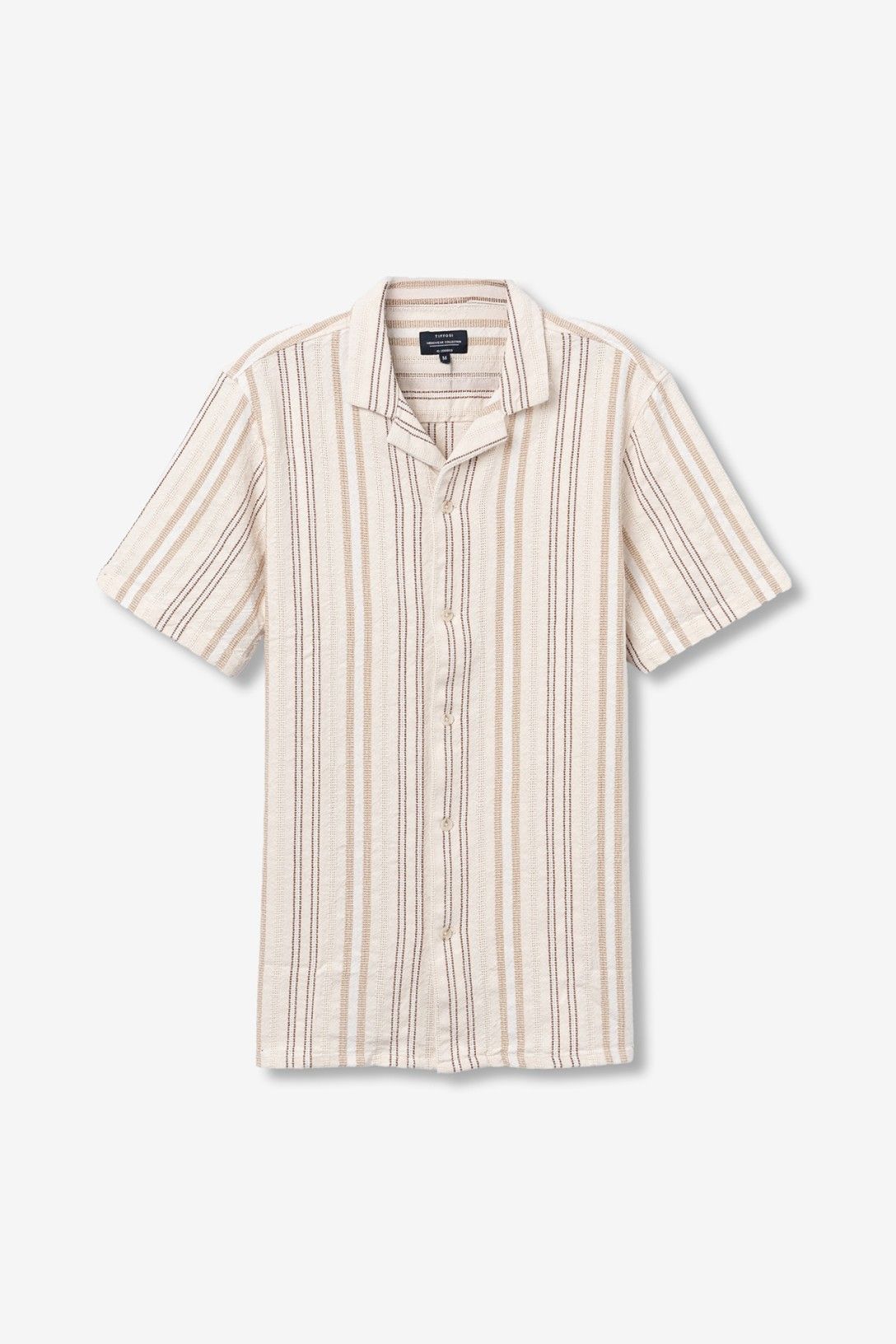 Camicia uomo Koda mezza manica a righe verticali beige e blu, collo revers, flat lay – Collezione Estate Tiffosi | Frarò
