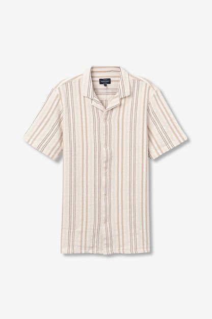 Camicia uomo Koda mezza manica a righe verticali beige e blu, collo revers, flat lay – Collezione Estate Tiffosi | Frarò
