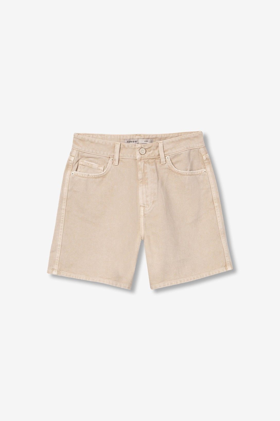 Shorts donna beige taglio dritto – dettaglio chiusura bottone a vista e zip, qualità 100% cotone

