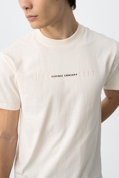 T-shirt uomo cotone slim fit beige stampa minimal - dettaglio scollo rotondo