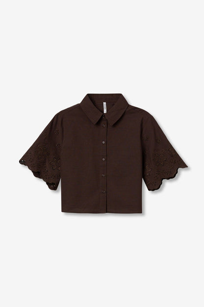 Camicia donna cotone cioccolato Lencastre manica corta ricamata, 100% cotone, eleganza casual PE 2026