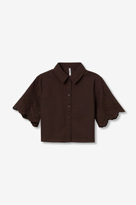 Camicia donna cotone cioccolato Lencastre manica corta ricamata, 100% cotone, eleganza casual PE 2026