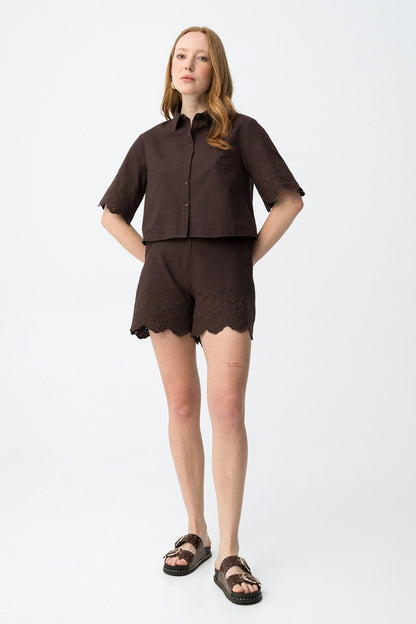 Look completo donna Lencastre cioccolato, coordinato camicia shorts cotone elegante casual estivo
