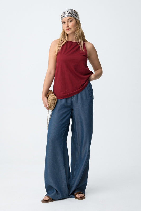 Pantalone donna a gamba larga vita alta lyocell blu ice, modello Lence_B made in Italy