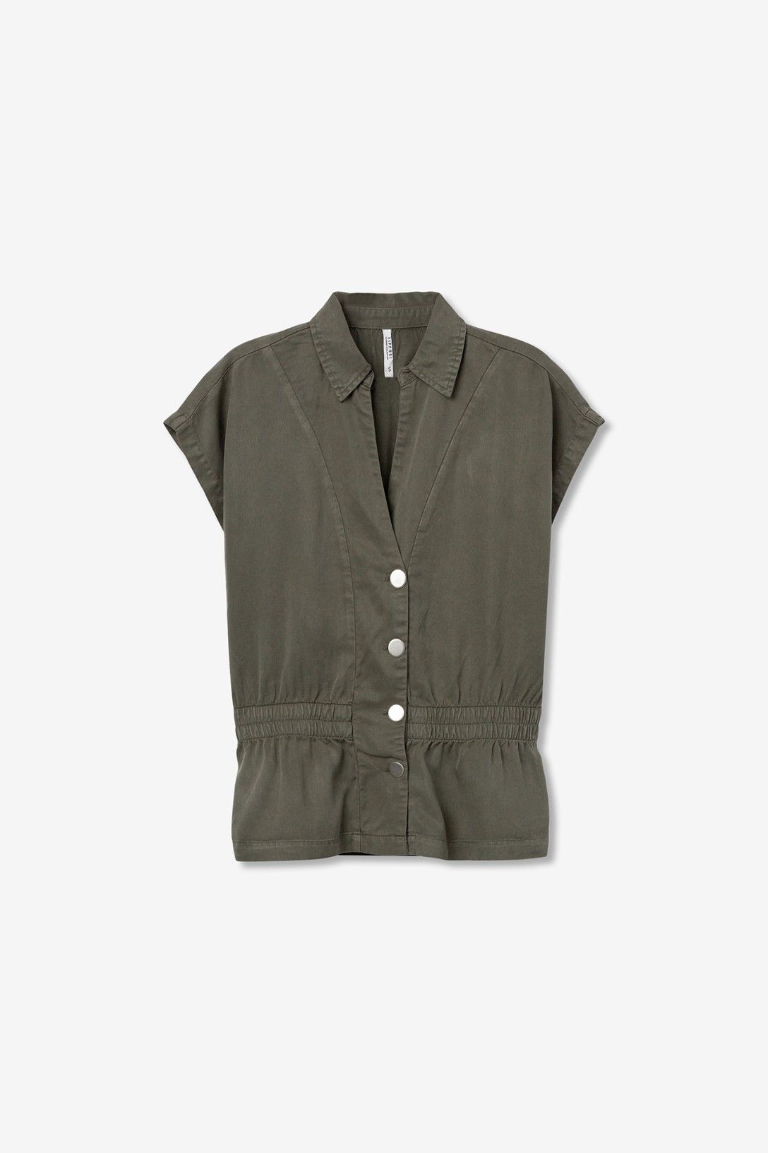 Camicia donna verde militare mezza manica con elastico in vita in LYOCELL, vista flat lay – Coord Set Donna Lence verde Tiffosi | Frarò