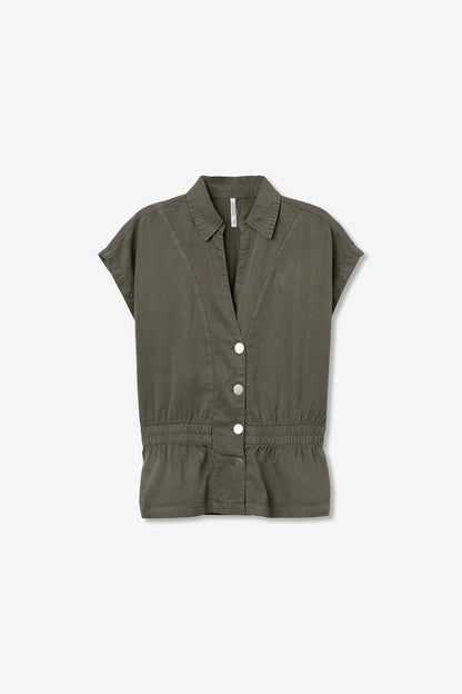 Camicia donna verde militare mezza manica con elastico in vita in LYOCELL, vista flat lay – Coord Set Donna Lence verde Tiffosi | Frarò