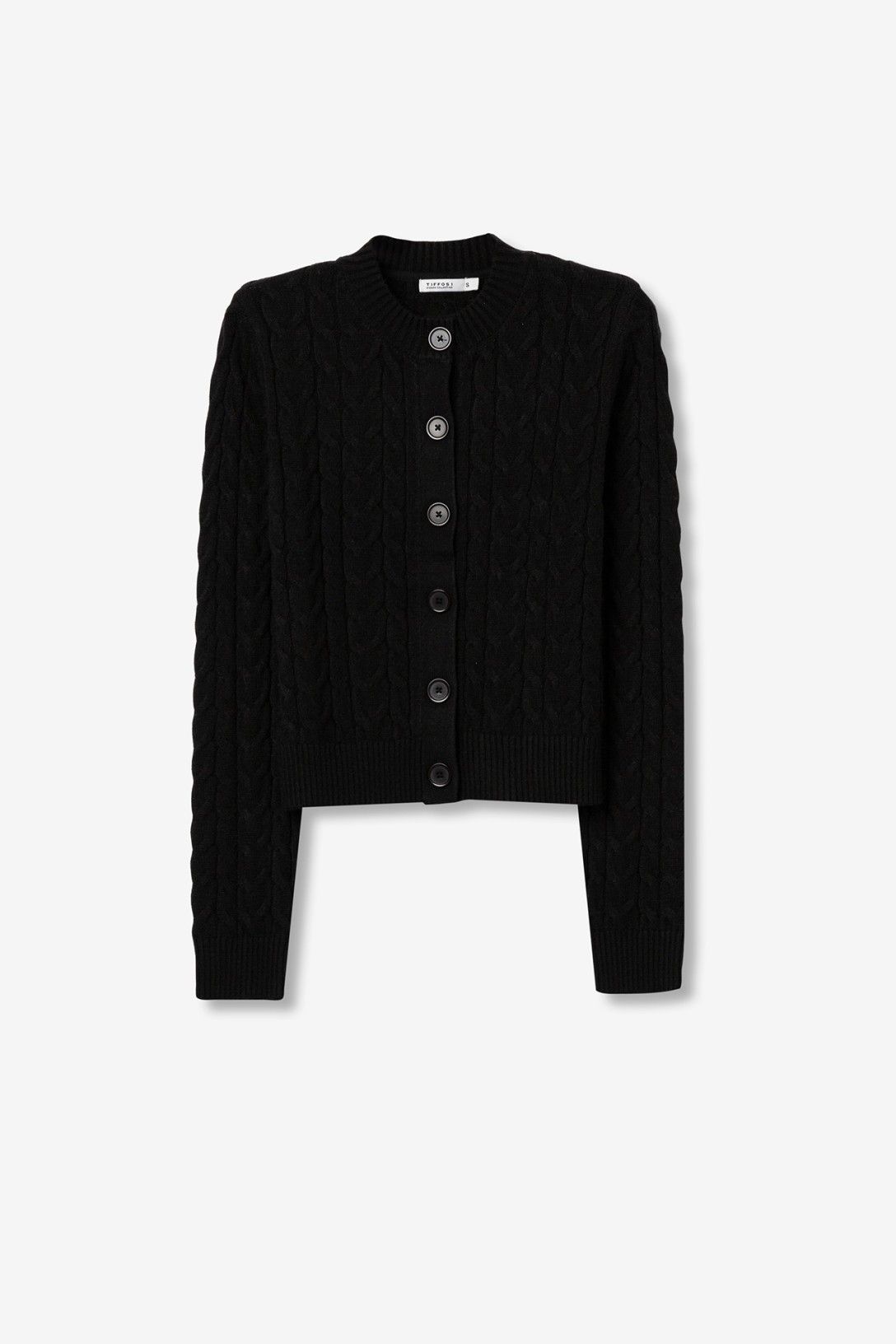 Cardigan Limnoria donna nero - dettaglio lavorazione maglia trecce e texture
