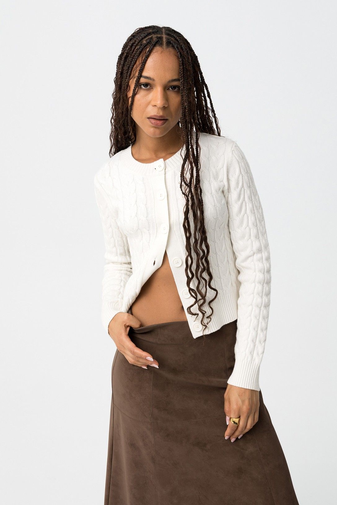Cardigan Limnoria donna bianco - vista frontale elegante con scollo rotondo
