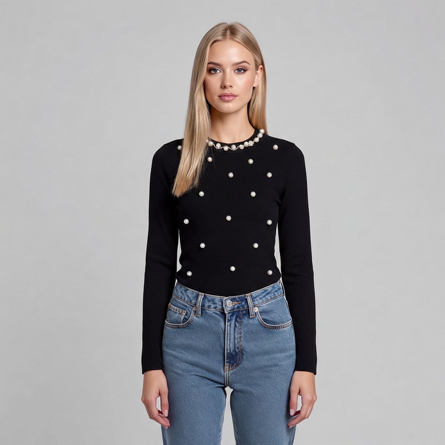 Maglia Donna Viscosa con Perle - Elegante Manica Lunga 4 Colori