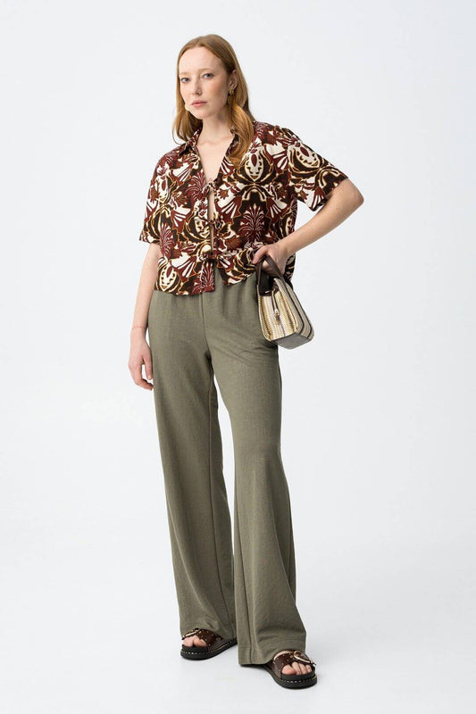 Pantalone palazzo donna Mellow verde militare a vita alta con gamba larga fluida