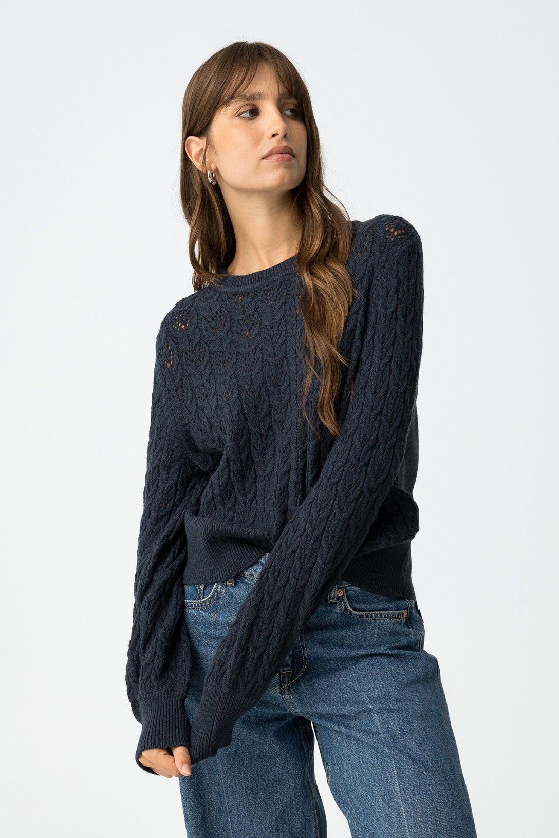 "Maglione Melusine blu donna - primo piano qualità tessuto e finiture - Tiffosi"