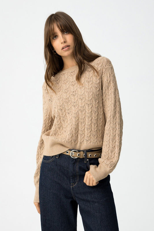 "Maglione Melusine beige donna con maglia a trecce - dettaglio lavorazione traforata - Tiffosi"