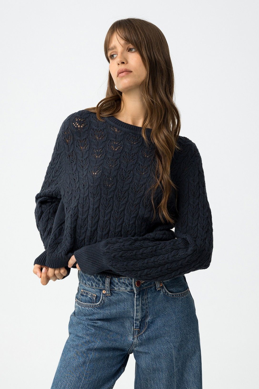"Maglione Melusine blu donna con maglia a trecce - vista frontale elegante - Tiffosi"