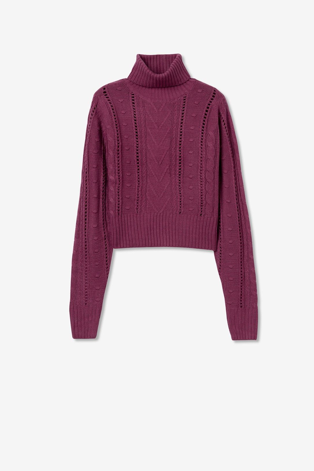 Maglione donna collo alto fucsia - dettaglio texture e vestibilità
