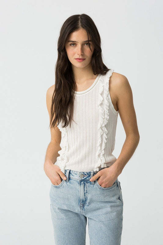 "Canotta Milos - Top donna in viscosa 100% con scollo rotondo, vista frontale"