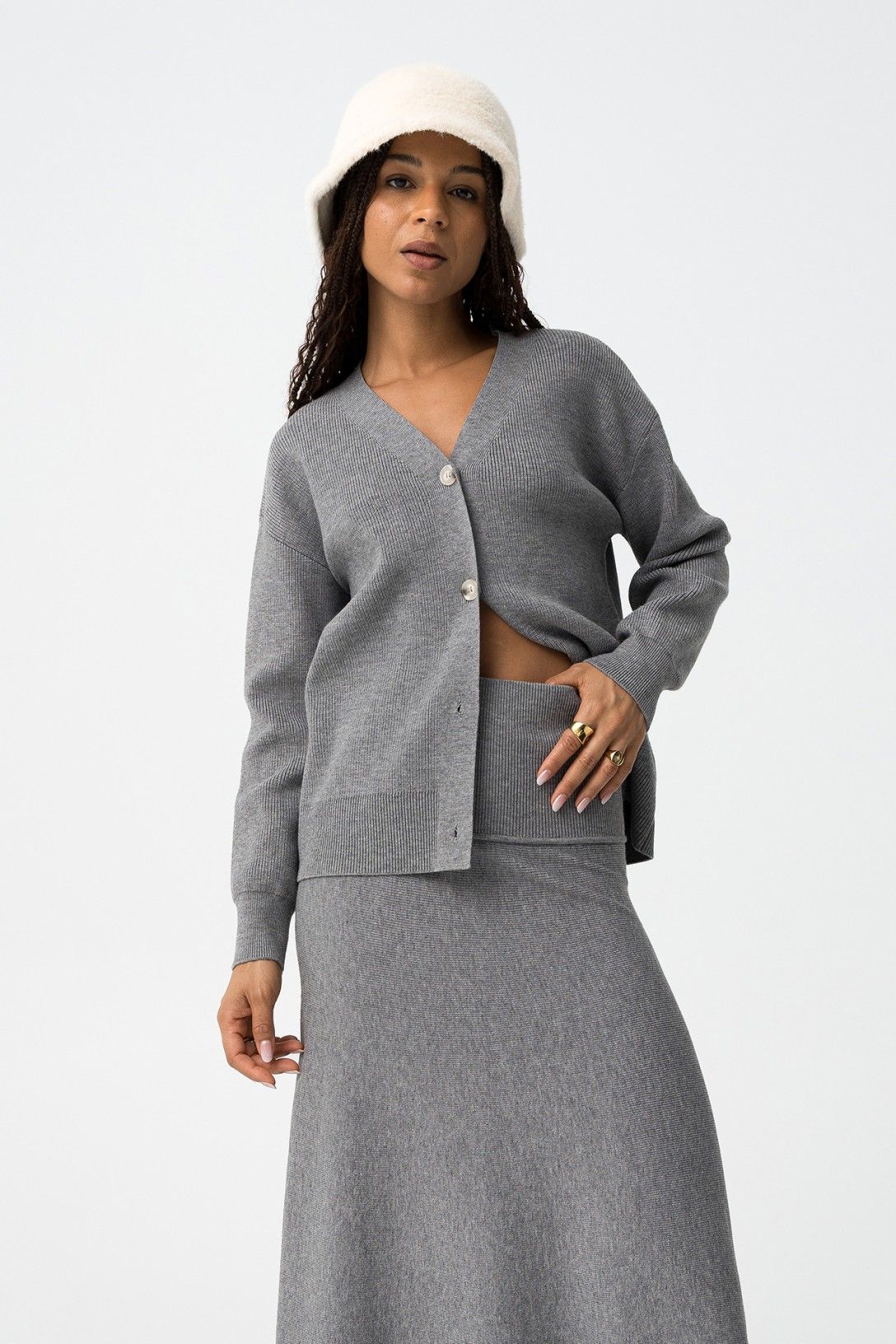 Cardigan Donna Fango Grigio con Bottoni Scollo a V