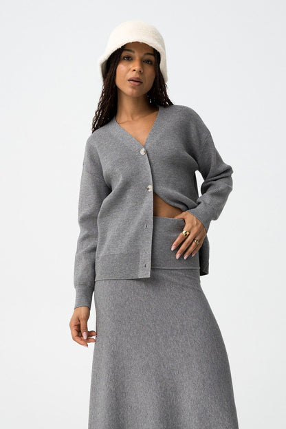 Cardigan Donna Fango Grigio con Bottoni Scollo a V