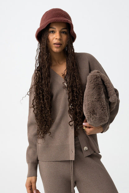 Cardigan Donna Fango Grigio con Bottoni Scollo a V