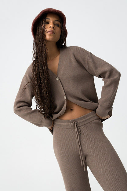 Cardigan Donna Fango Grigio con Bottoni Scollo a V