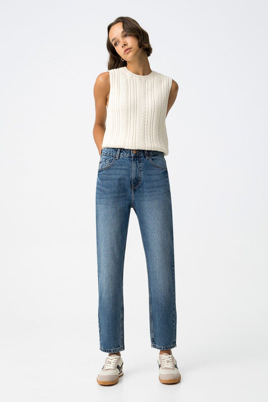 Jeans donna mom fit vita alta Mom_130 Tiffosi cotone 100% lunghezza capri - Vista frontale
