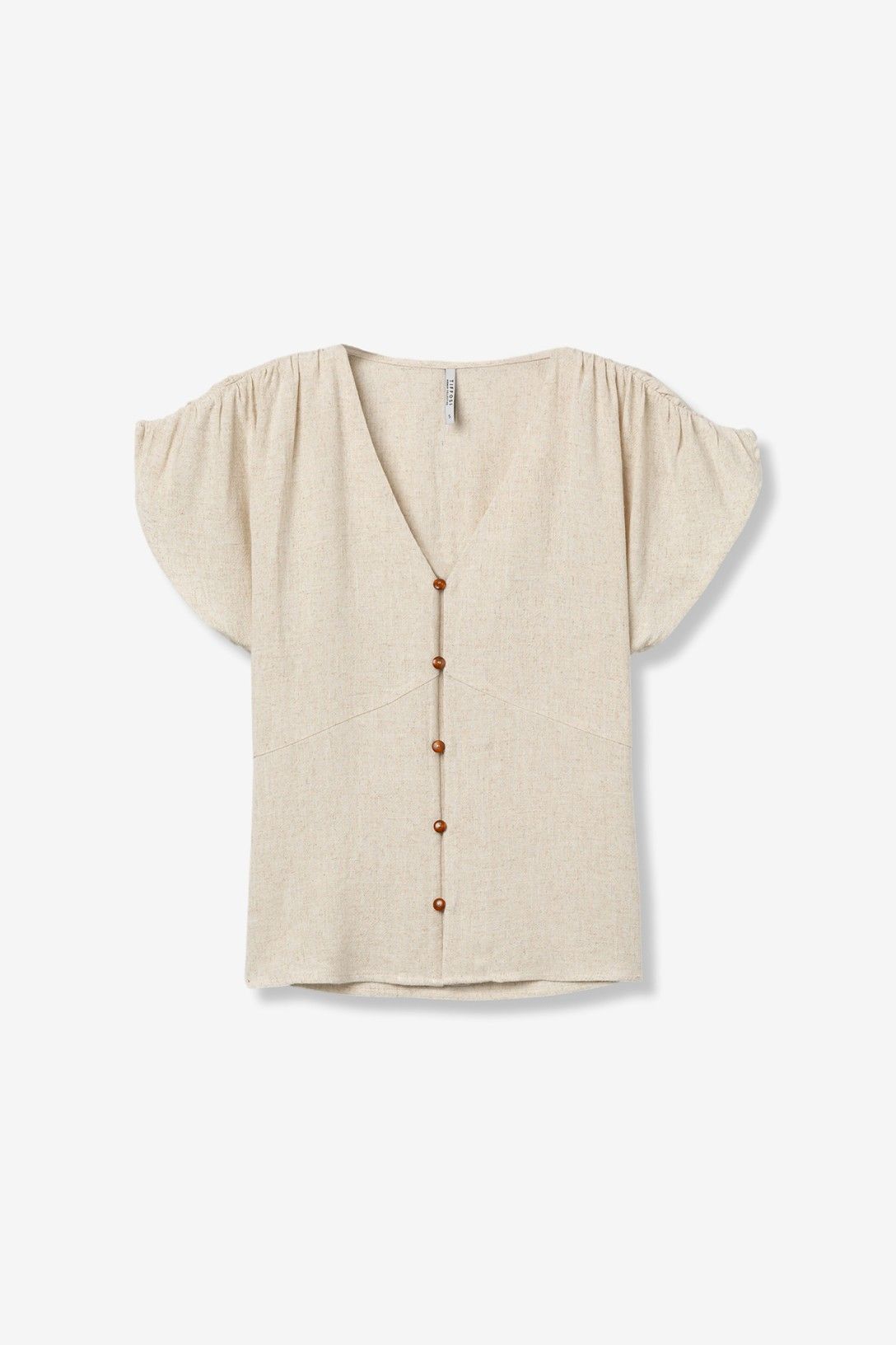  Blusa donna beige scollo a V viscosa lino - maniche corte ampie bottoni marroni elegante