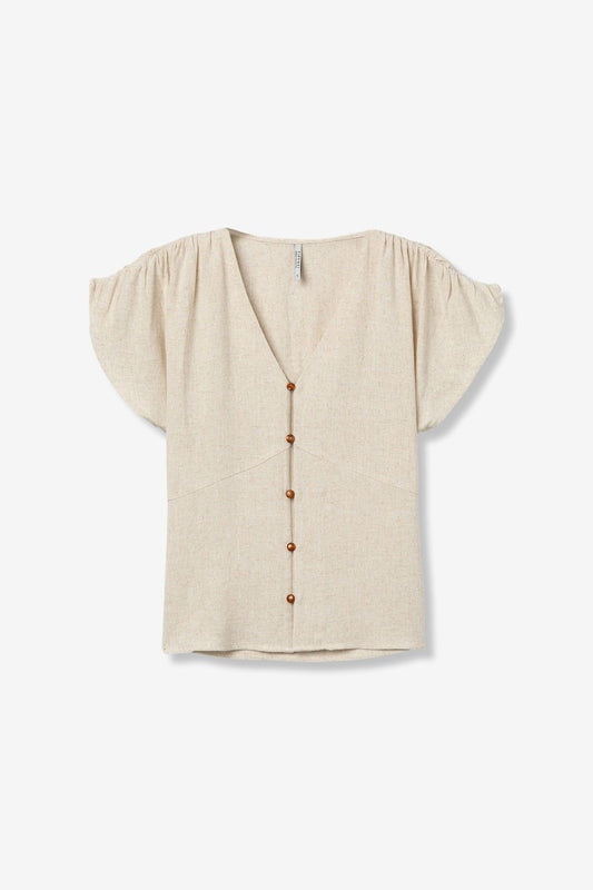  Blusa donna beige scollo a V viscosa lino - maniche corte ampie bottoni marroni elegante