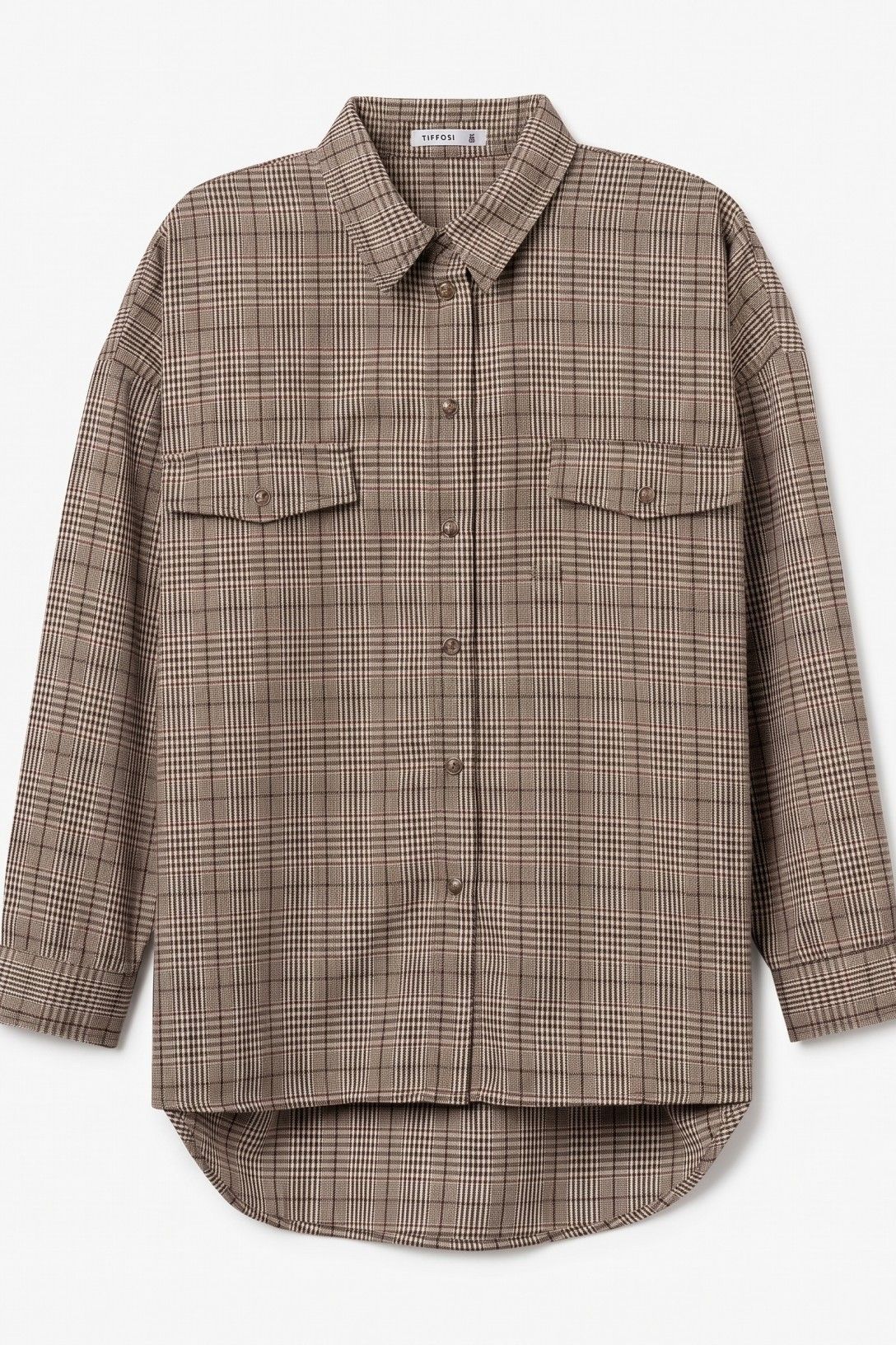 Camicia donna a quadri beige Tiffosi Nectar vista frontale, con colletto, maniche lunghe e due tasche con patta.
