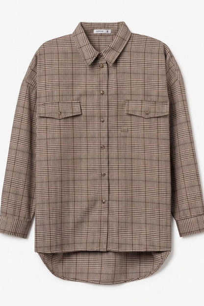 Camicia donna a quadri beige Tiffosi Nectar vista frontale, con colletto, maniche lunghe e due tasche con patta.