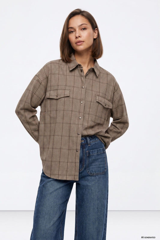 Camicia donna a quadri beige Tiffosi Nectar indossata, con vestibilità ampia, maniche lunghe e jeans blu.