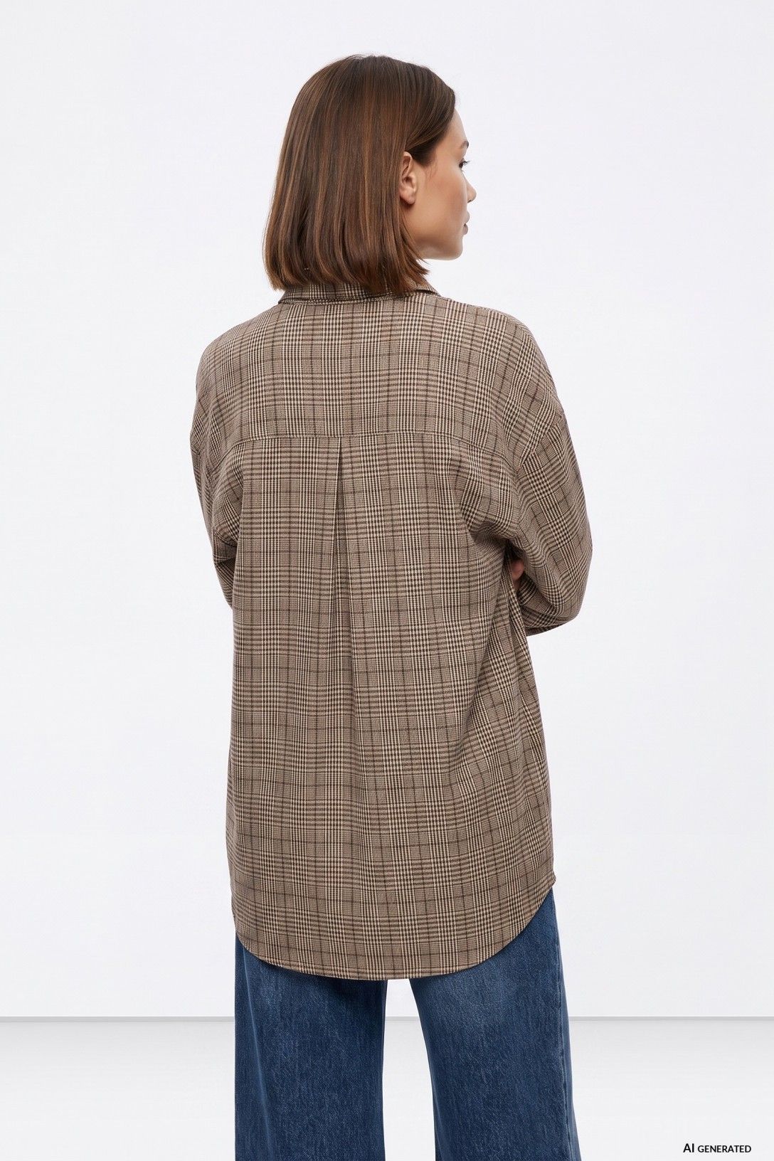 Vista posteriore della camicia donna a quadri beige Tiffosi Nectar, con vestibilità ampia e fondo arrotondato.