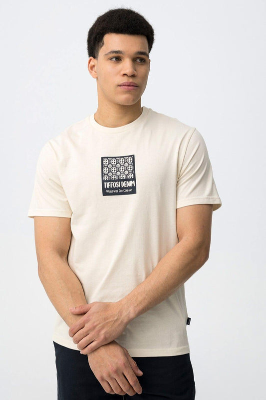 T-Shirt Uomo Nikolai Beige in Cotone 100% - Vista Frontale con Stampa Grafica
