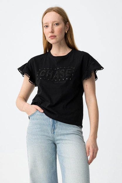 T-shirt donna Noemia nera maniche pizzo dettaglio Chase lucido Tiffosi - vista frontale
