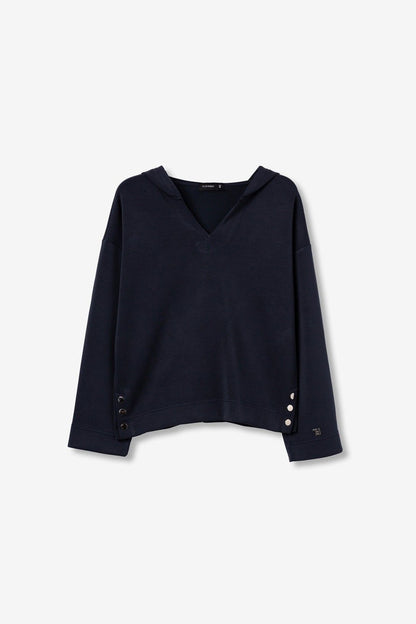 Felpa blu Olivia Tiffosi con cappuccio, della tuta donna olivia blu scollo a V e bottoni laterali, vista frontale su sfondo bianco